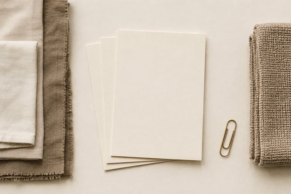 A stack of three blank heavy card sheets fanned on bone paper with a brass paperclip beside them.
