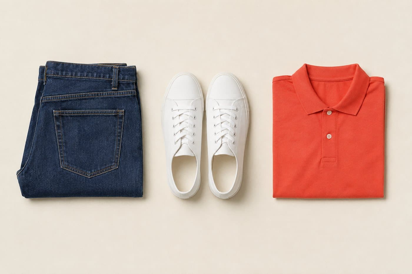Folded indigo jeans, white canvas trainers and a bright athletic polo shirt laid flat on bone paper as a set of exclusions.