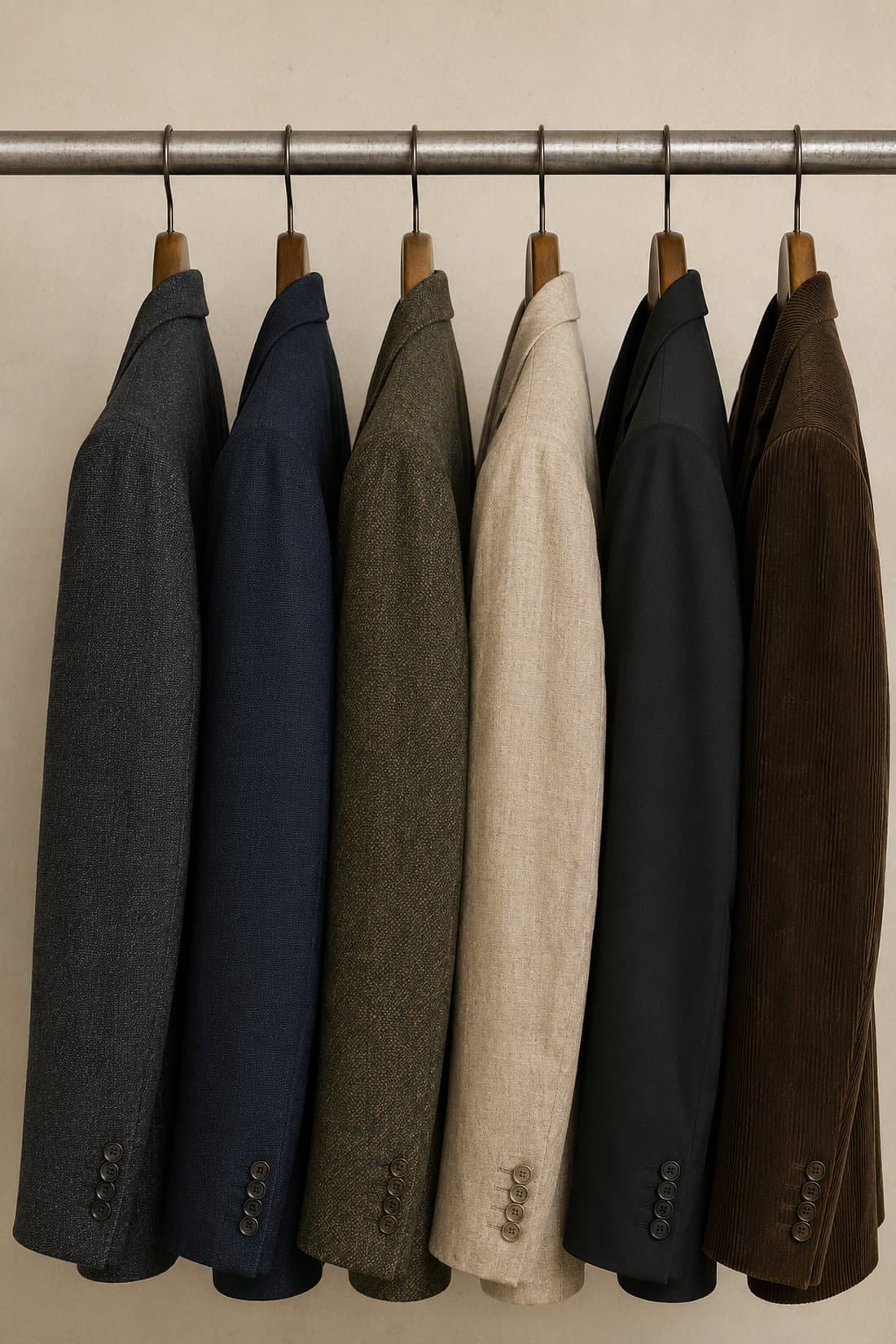 Six jackets hanging in a row on a steel rail against a bone-coloured paper wall — worsted, navy, tweed, linen, dinner jacket and corduroy.