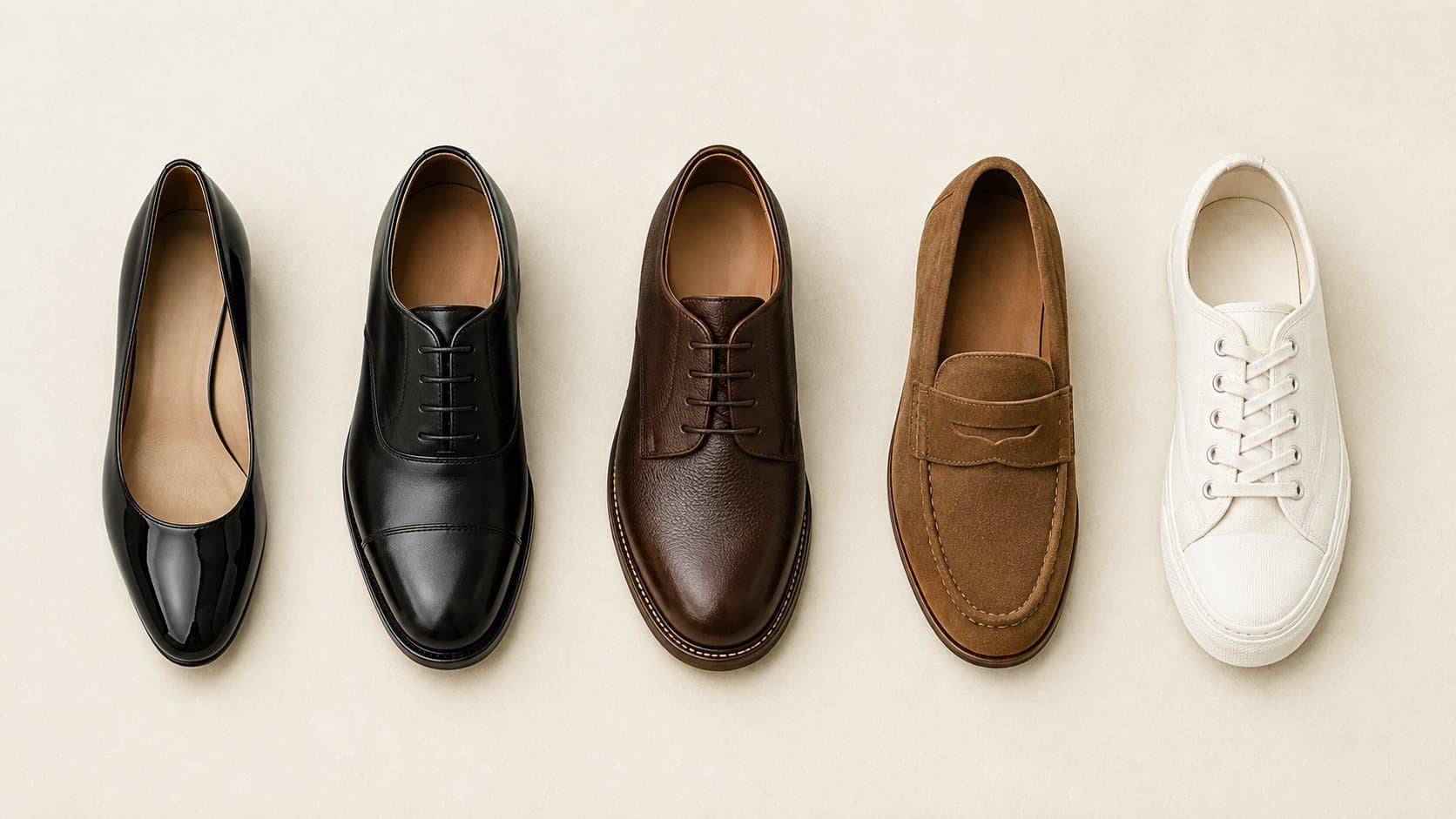 Five single shoes in a row on bone paper, from a patent evening shoe at one end to a canvas trainer at the other.
