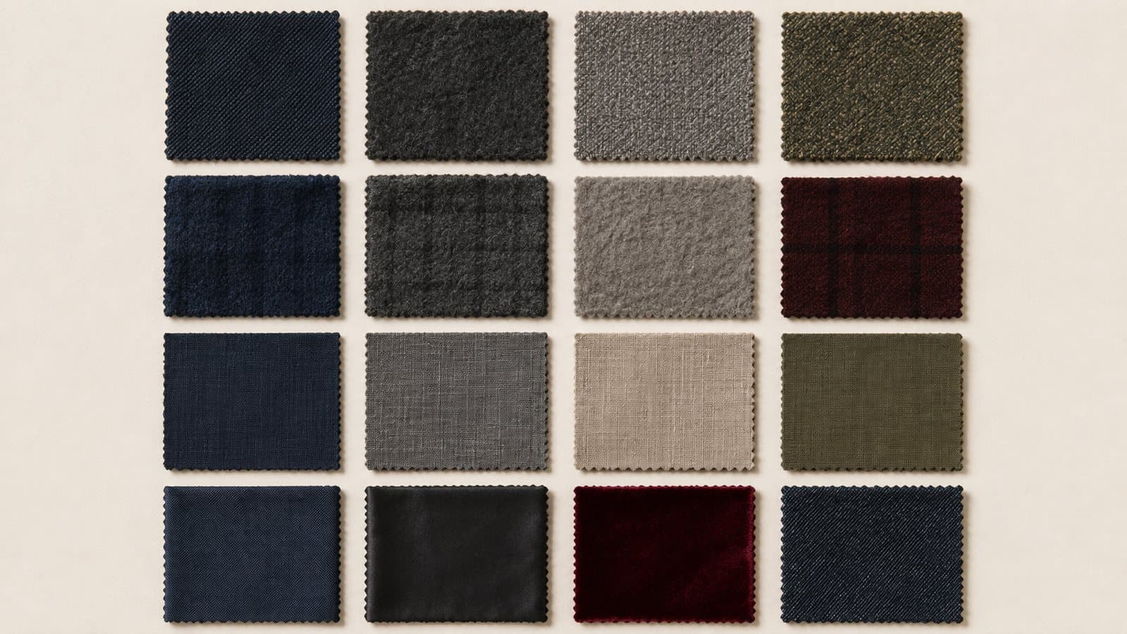 Sixteen square cloth swatches laid out in four rows on bone paper — worsted, flannel, linen, tweed, poplin, silk, velvet and denim.