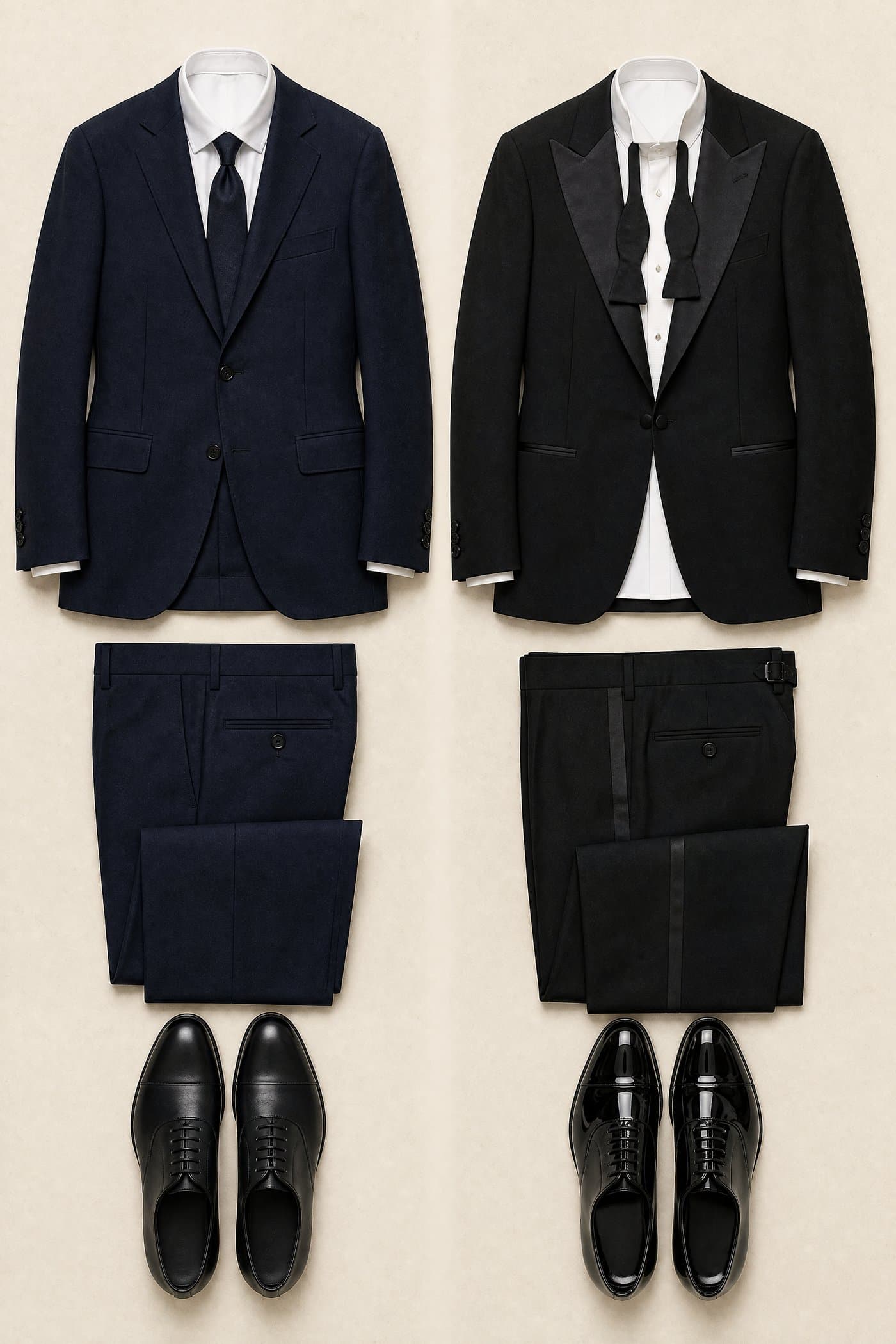 Two complete outfits laid flat side by side on bone paper — one at the lower limit of a formal occasion, one at the upper limit — with no person in the frame.