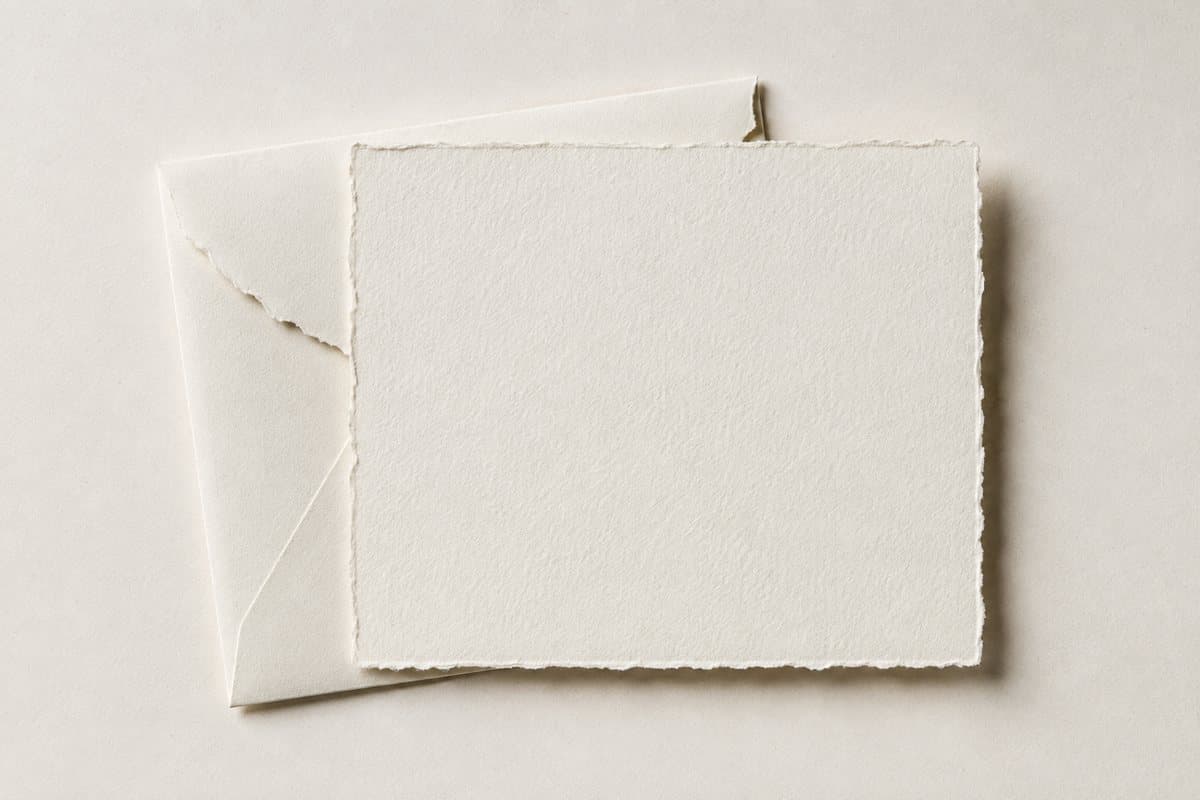 A printed invitation card lying on bone paper, photographed from directly above.