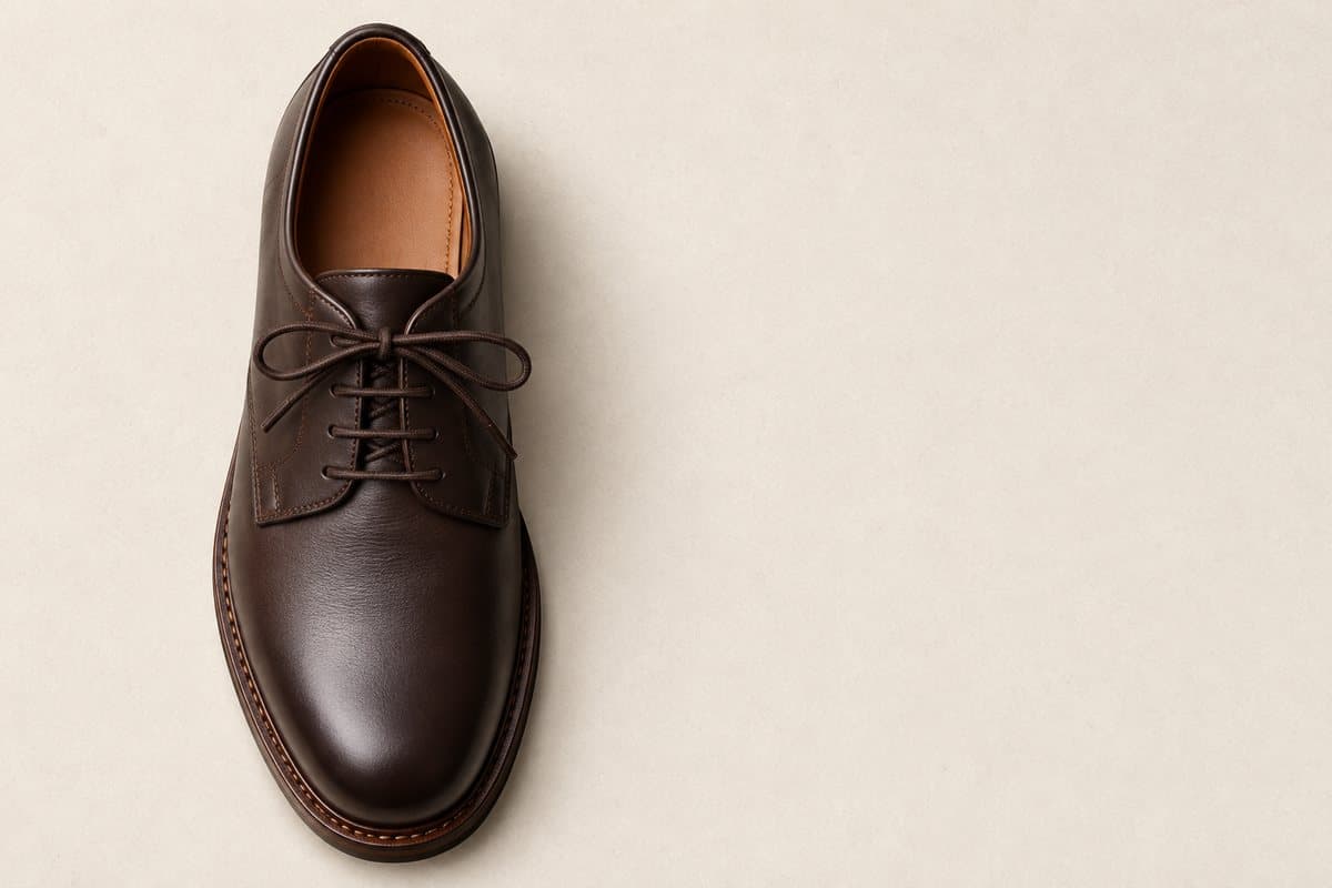 A single leather derby shoe photographed from above on bone paper, with no person in frame.