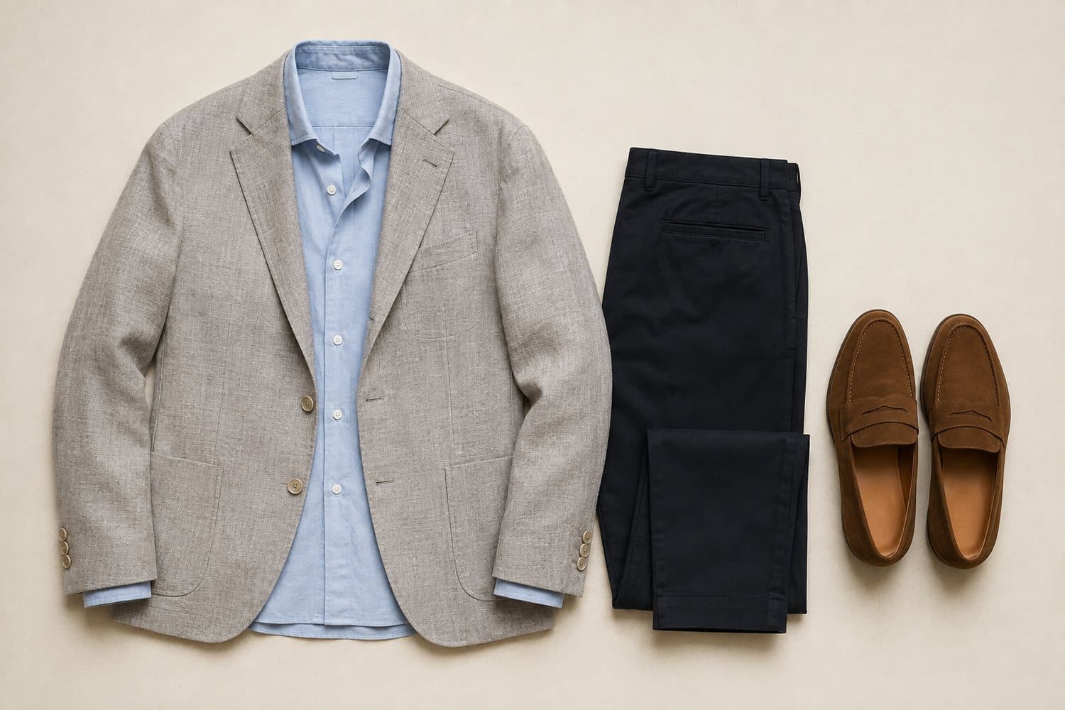 Flat-lay of a lightweight unstructured jacket, open-collar shirt and loafers on bone paper.