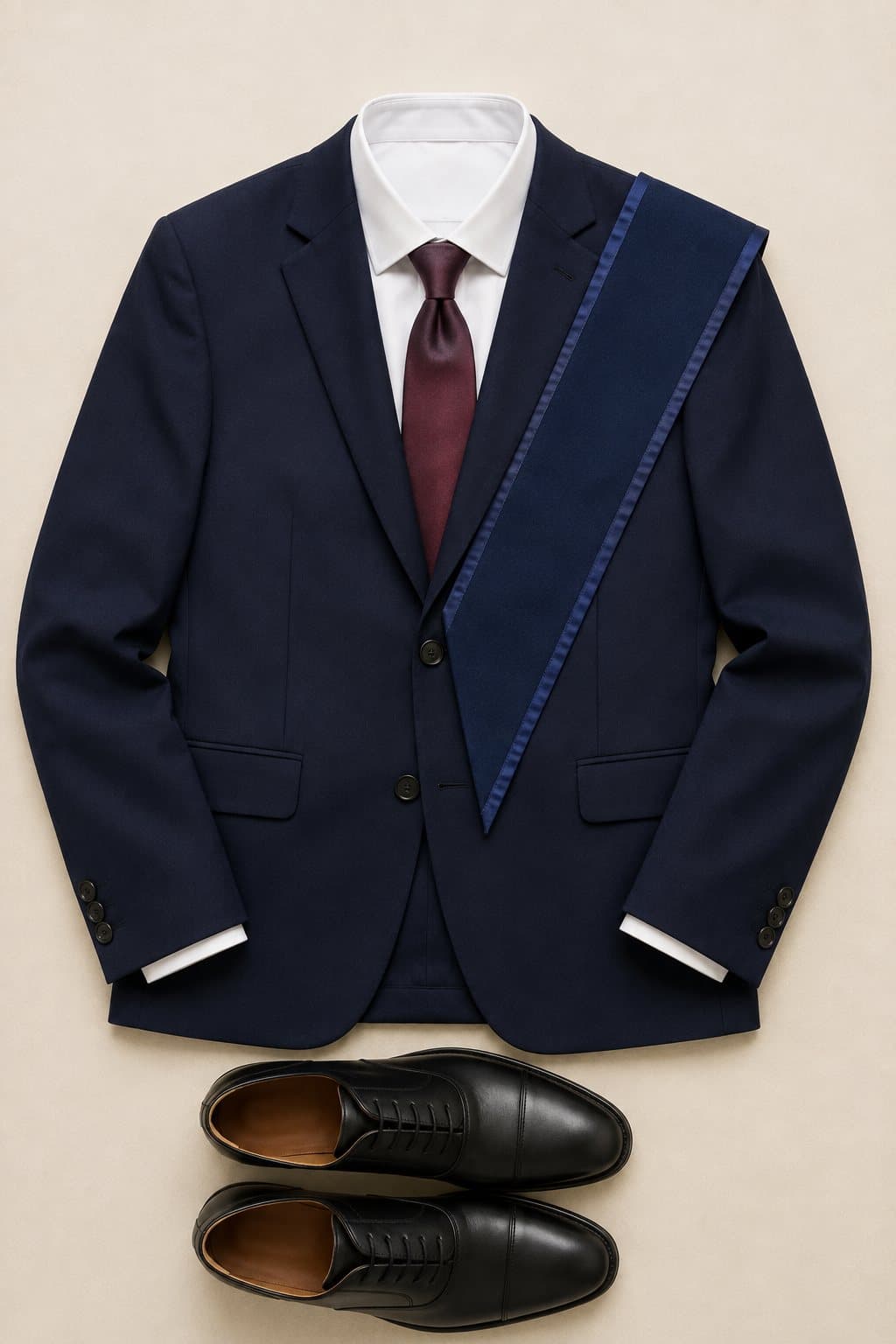Flat-lay of a dark lounge suit, plain tie and an academic sash laid on bone paper.