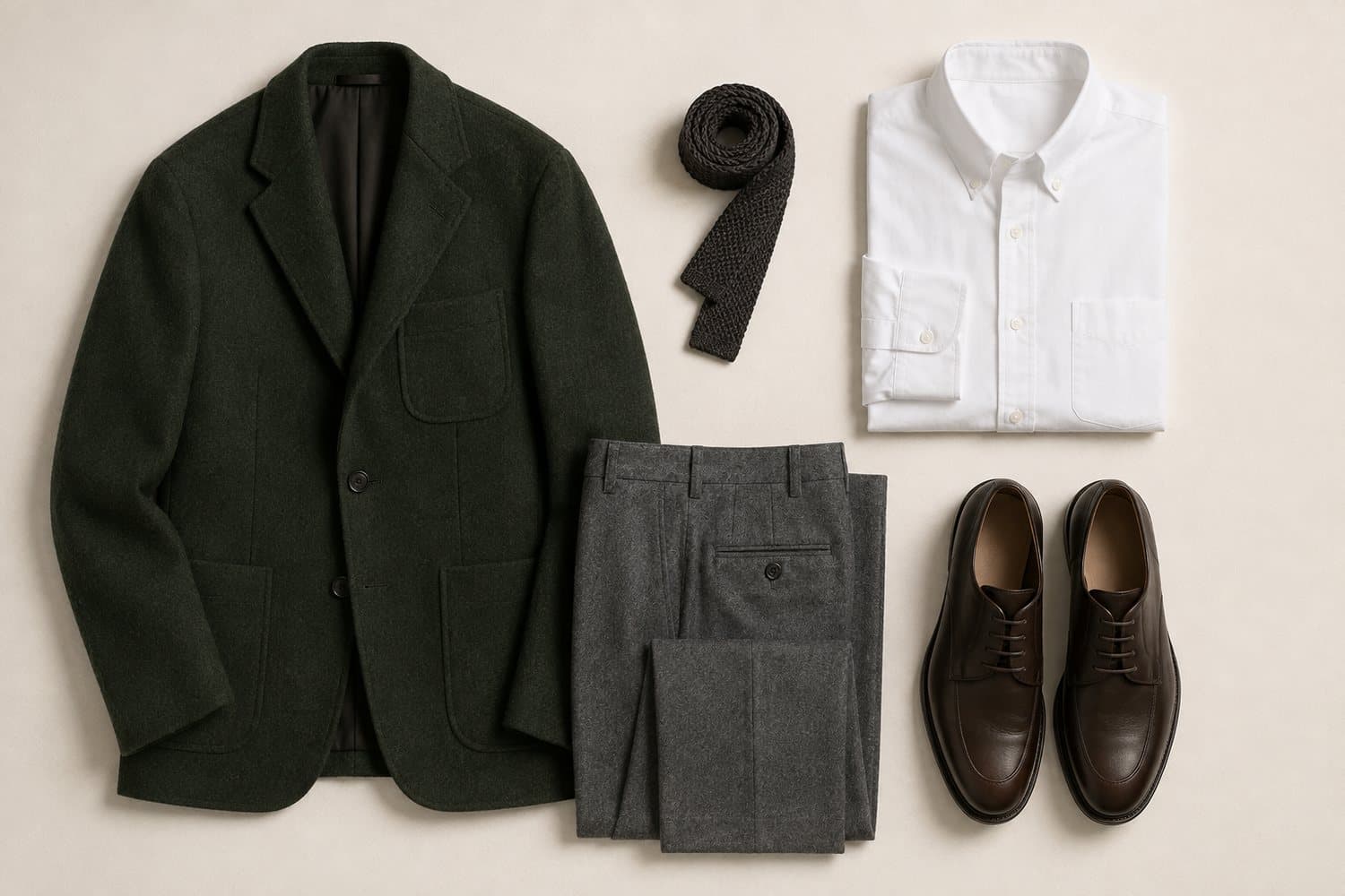 Flat-lay of a wool jacket, knitted tie and leather derbies on bone paper.