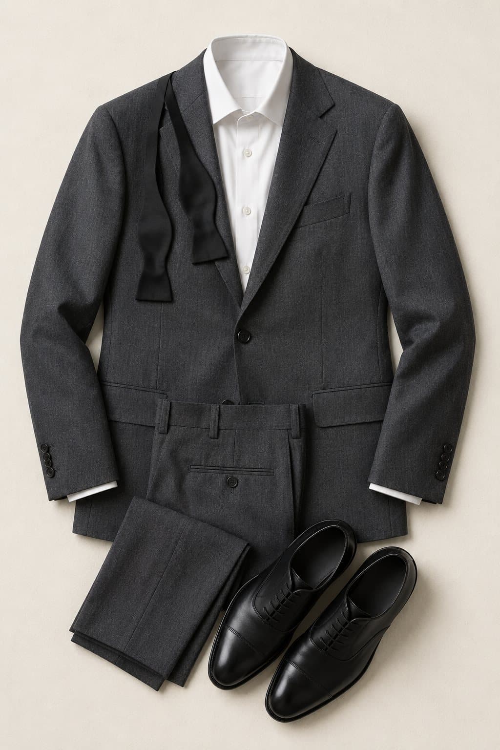 Flat-lay of a dark suit, bow tie and polished leather shoes arranged on bone paper.